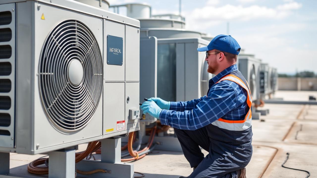 Técnico realizando manutenção em sistema HVAC