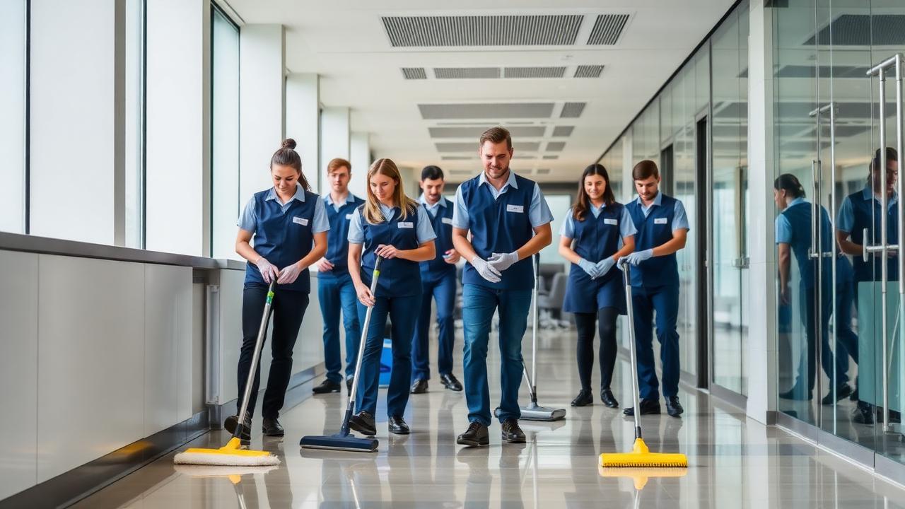 Equipe profissional de limpeza em ambiente corporativo
