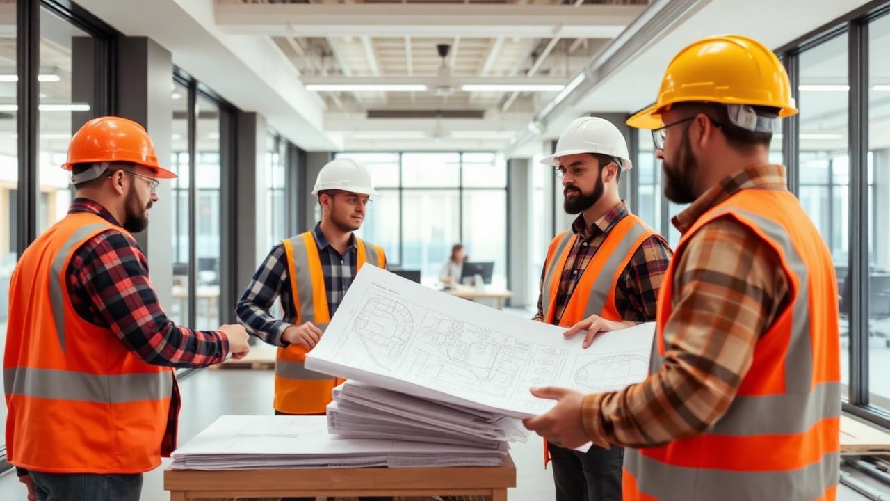 Equipe de engenharia em obra corporativa